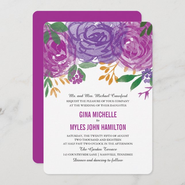 Invitación Boda botánico acuarela morado floral (Anverso / Reverso)