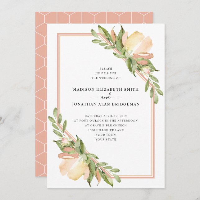 Invitación Boda botánico acuarela primavera floral (Anverso / Reverso)