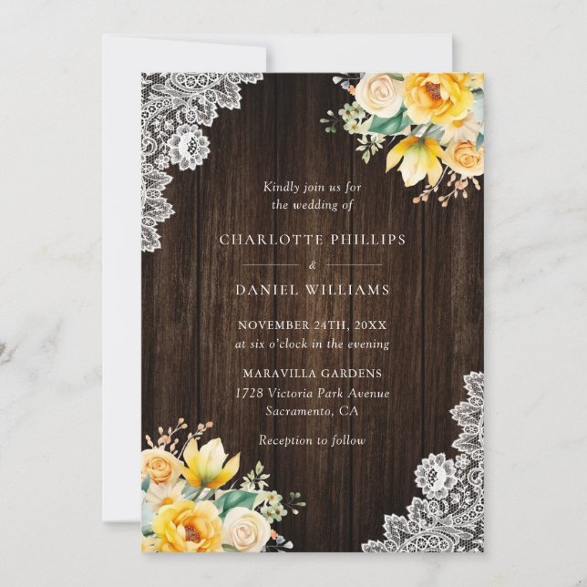 Invitación Boda Botánico Amarillo de Madera Rústica (Anverso)
