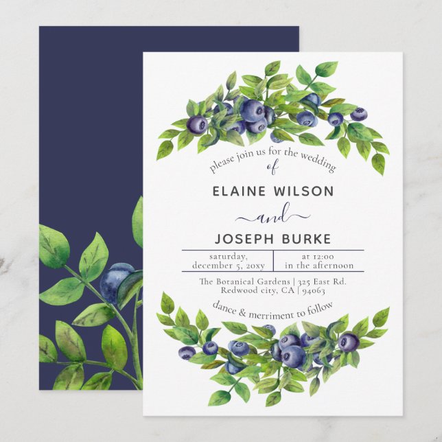 Invitación boda botánico azul de arándanos de color azul (Anverso / Reverso)