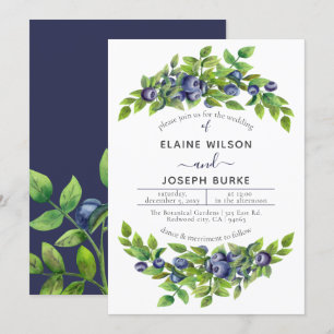 Invitación boda botánico azul de arándanos de color azul
