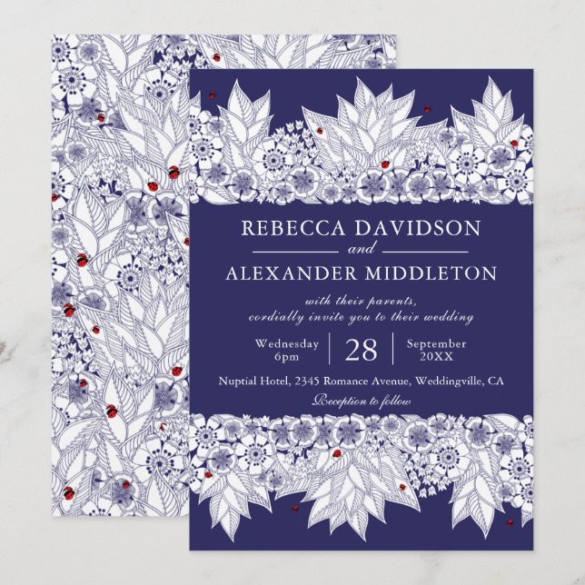 Invitación Boda Botánico Azul de la Marina Rusa (Anverso / Reverso)