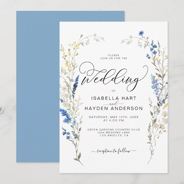 Invitación Boda Botánico Azul Dusty Amarillo Dainty Floral (Anverso / Reverso)
