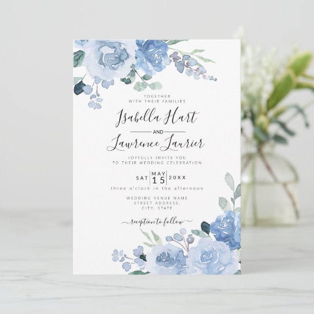 Invitación Boda Botánico Azul Dusty Floral Light (Anverso de pie)