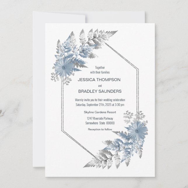 Invitación Boda Botánico Azul Hielo (Anverso)