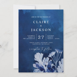 Invitación Boda botánico azul índigo