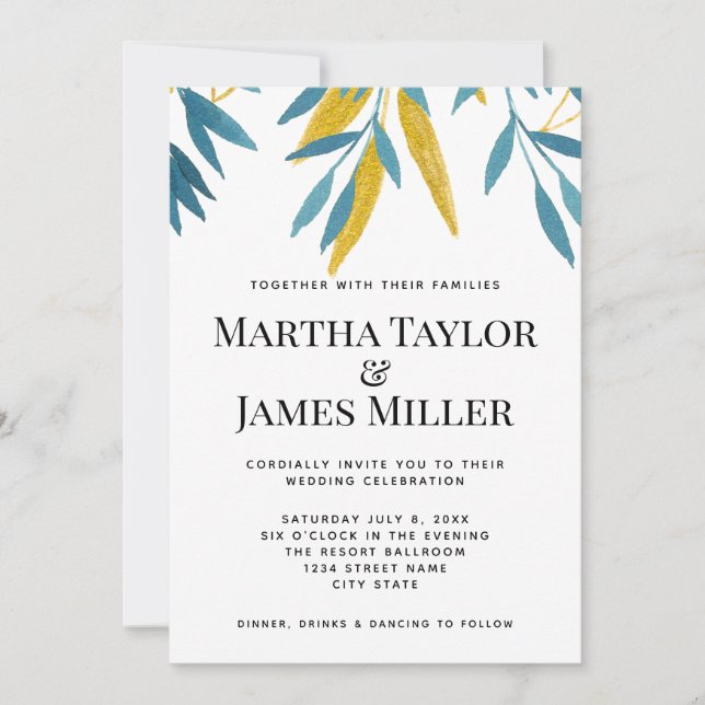 Invitación Boda Botánico Azul Minimalista Moderno (Anverso)