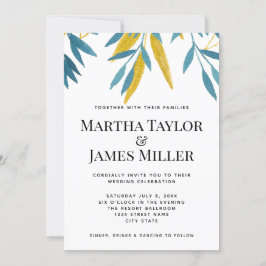 Invitación Boda Botánico Azul Minimalista Moderno