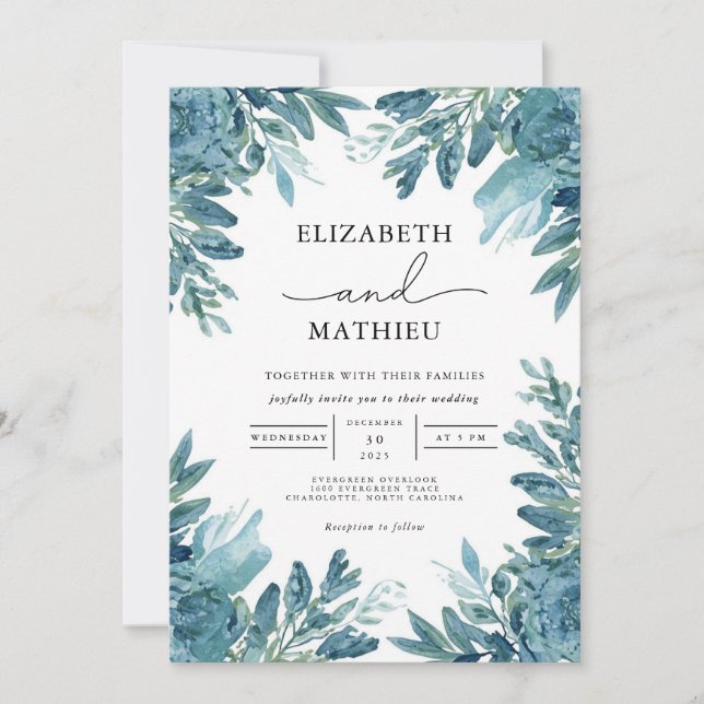 Invitación Boda Botánico Azure Bloom (Anverso)