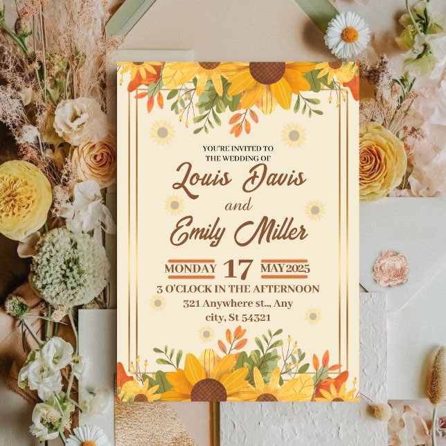 Invitación Boda botánico beige con naranja, flores amarillas (Subido por el creador)