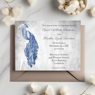 Invitación Boda botánico blanco de pavo real azul