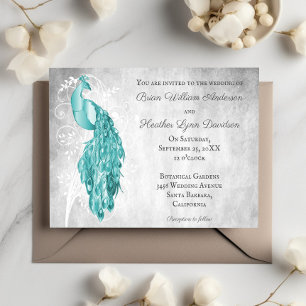 Invitación Boda Botánico Blanco Peacock verde azulado