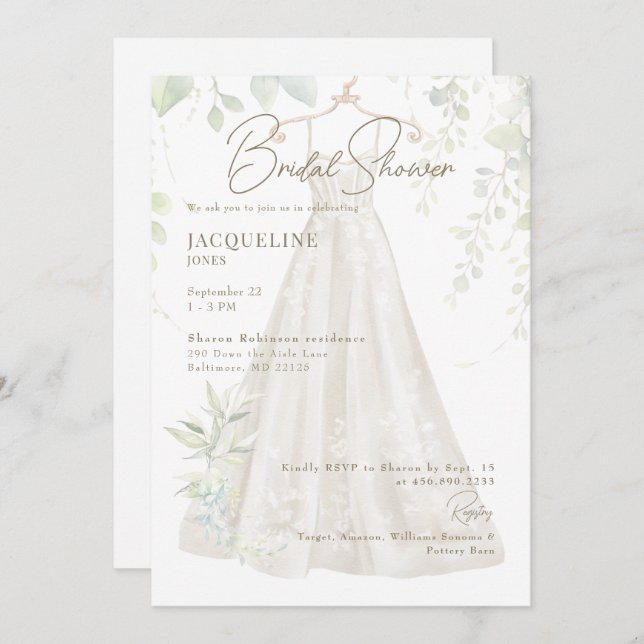 Invitación Boda Botánico Blanco Vestido Bridal Shower II (Anverso / Reverso)
