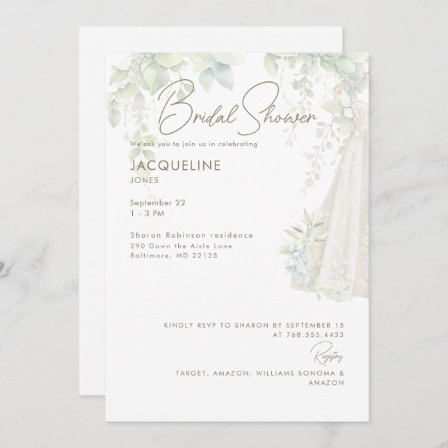 Invitación Boda Botánico Blanco Vestido Ducha Bridal (Anverso / Reverso)