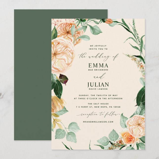 Invitación Boda Botánico Boho Greenery Elegant Peach (Anverso / Reverso)