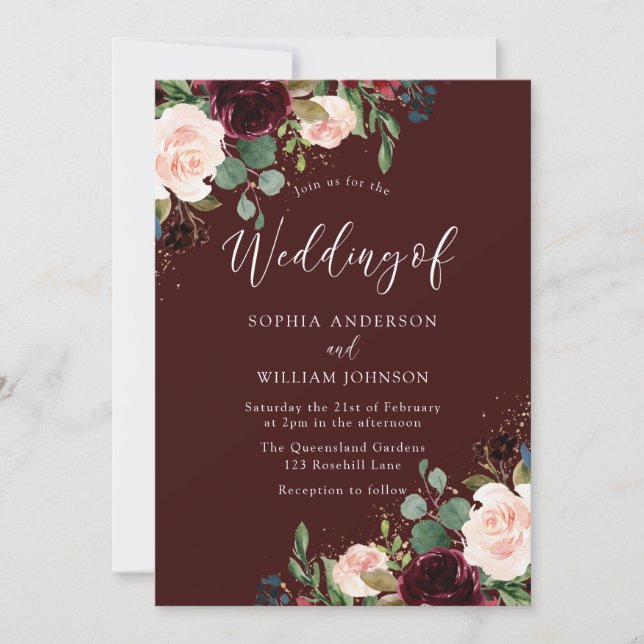 Invitación Boda Botánico Borgoña Rojo Vino y Rubor Floral (Anverso)