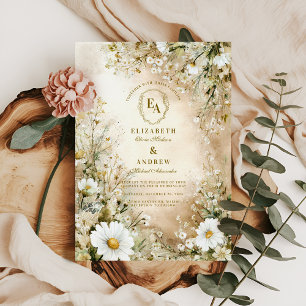 Invitación Boda botánico clásico crema y oro