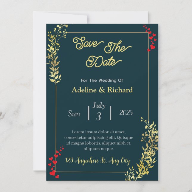 Invitación Boda botánico clásico verde y oro (Anverso)