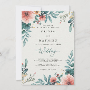 Invitación Boda botánico coral y Verde azulado floral