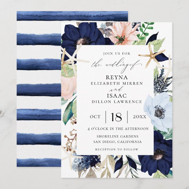 Invitación Boda botánico costero (Anverso / Reverso)