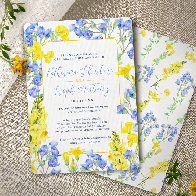 Invitación Boda botánico de acuarela azul de flores silvestre (Subido por el creador)