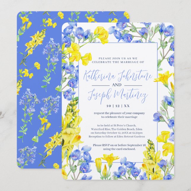 Invitación Boda botánico de acuarela azul de flores silvestre (Anverso / Reverso)