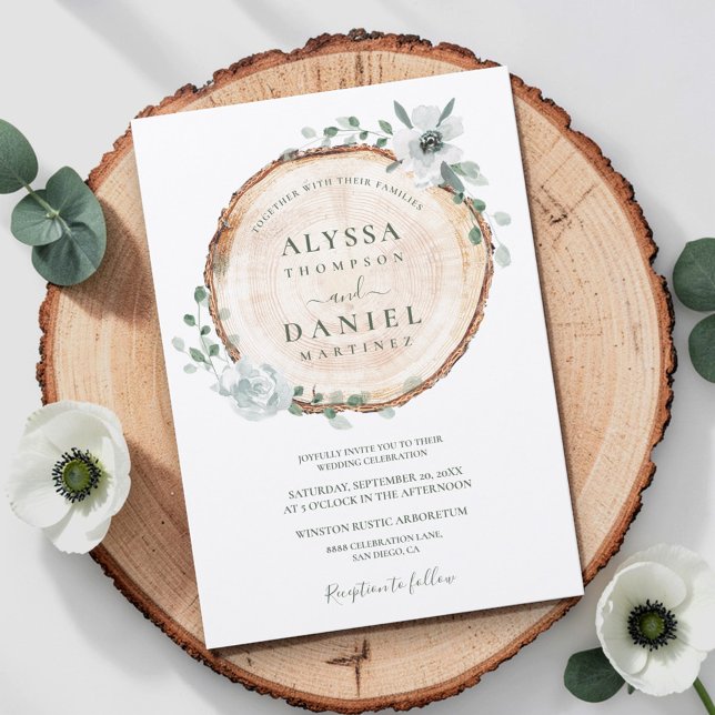 Invitación Boda botánico de acuarela de follaje rústico (Rustic wedding woodland foliage,  wood cut slice with greenery botanical eucalyptus and flowers )