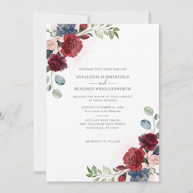 Invitación Boda botánico de acuarela floral de Borgoña (Anverso)