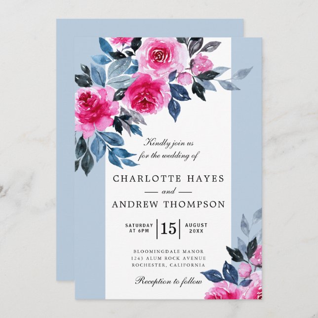 Invitación Boda botánico de acuarela rosa azul (Anverso / Reverso)