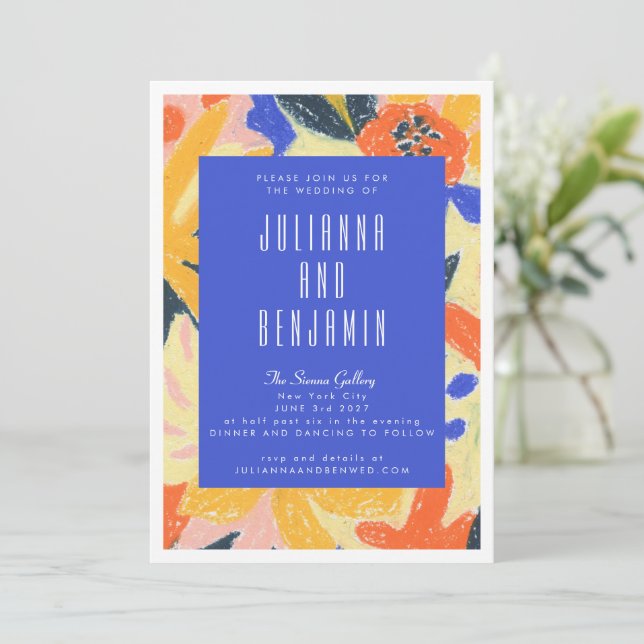 Invitación Boda botánico de arte azul moderno Resumen (Anverso de pie)