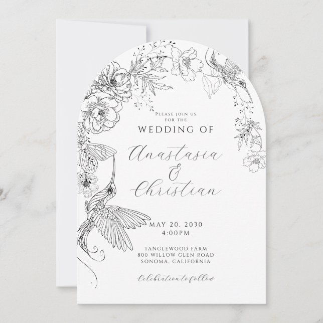 Invitación Boda botánico de aves florales dibujadas a mano (Anverso)