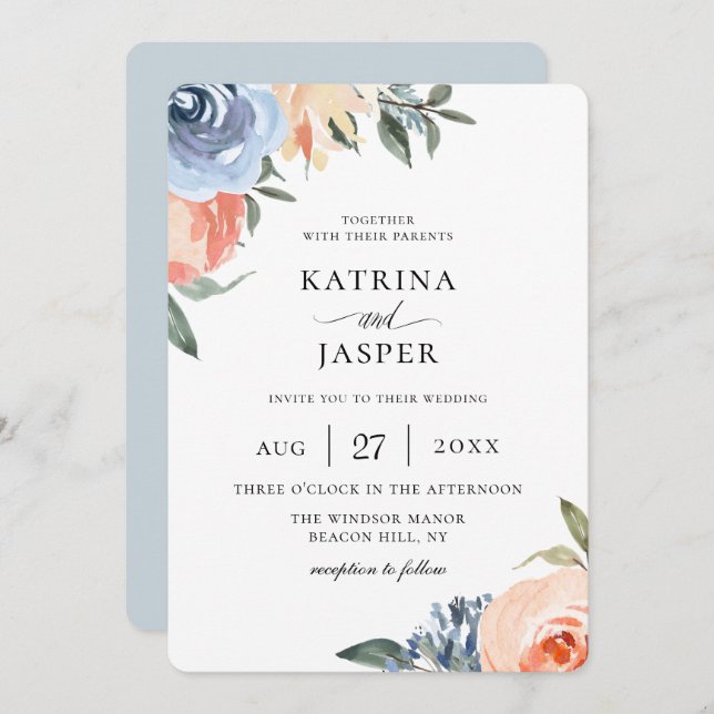 Invitación Boda botánico de Blue Peach Light (Anverso / Reverso)