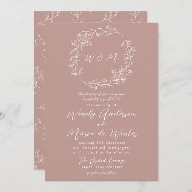 Invitación Boda botánico de Boho blanco gris rosado mínimo (Anverso / Reverso)