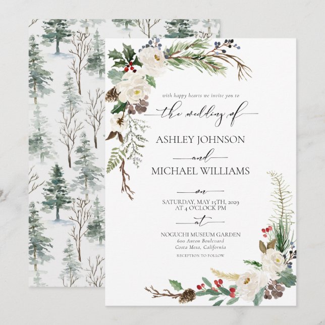 Invitación Boda botánico de caligrafía de invierno rústica (Anverso / Reverso)