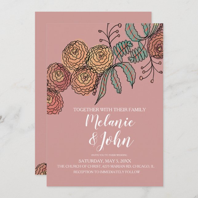 Invitación Boda Botánico de Carnación Floral de Verdor (Anverso / Reverso)