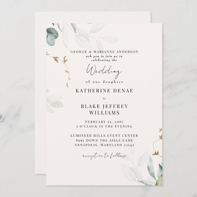 Invitación Boda Botánico de Champagne Ligero (Anverso / Reverso)