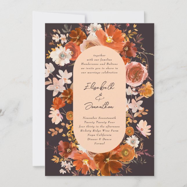 Invitación Boda Botánico de Crema Floral de Medianoche (Anverso)
