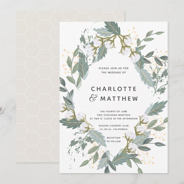 Invitación Boda Botánico de Diamante de White Cotton Garden (Anverso / Reverso)