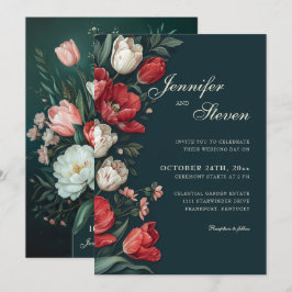 Invitación Boda botánico de Emerald Green y Red Tulip