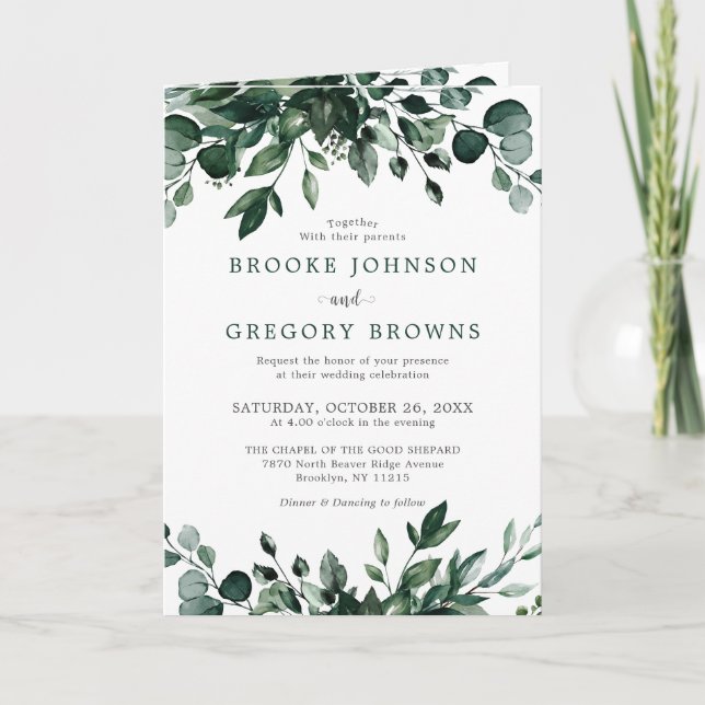 Invitación Boda botánico de Emerald Greenery Eucalyptus (Anverso)