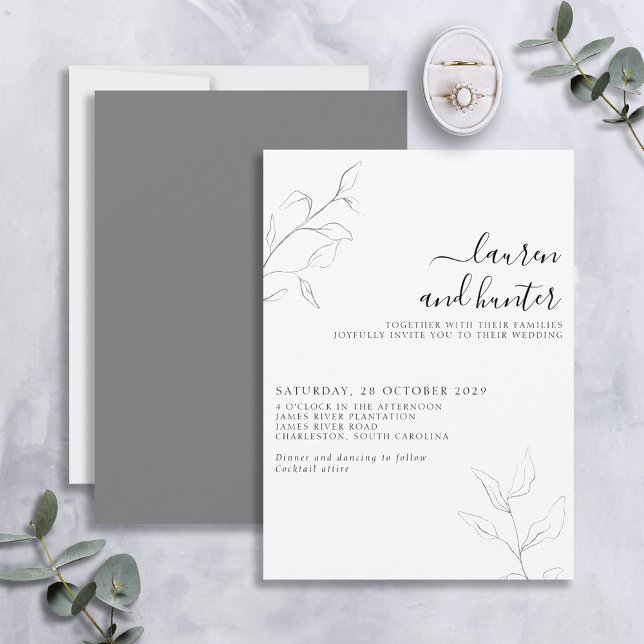 Invitación Boda botánico de escritura blanca gris moderna (Subido por el creador)