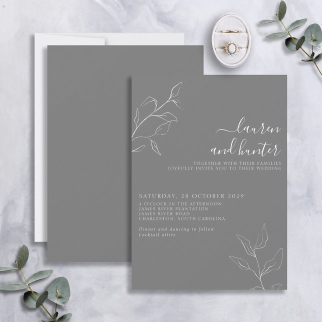 Invitación Boda botánico de escritura blanca gris moderna (Subido por el creador)