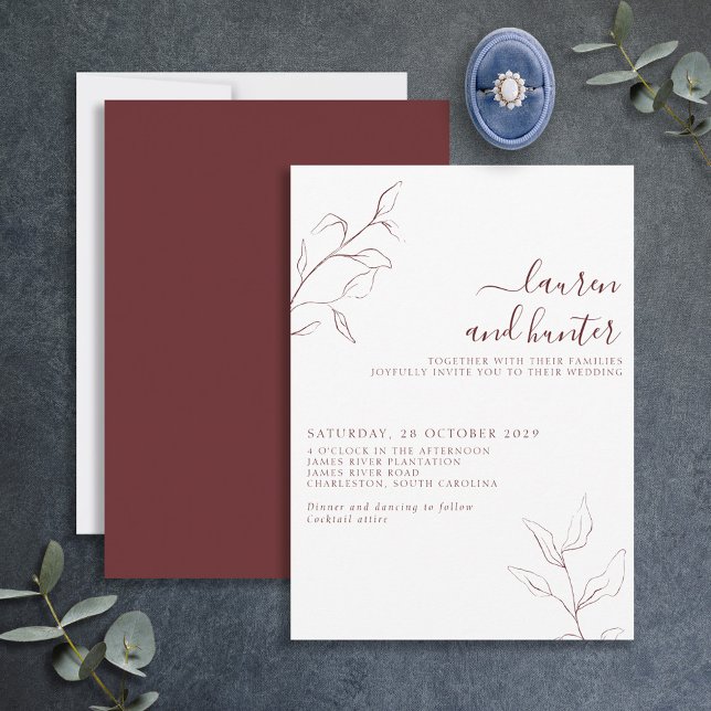 Invitación Boda botánico de escritura moderna de Borgoña (Subido por el creador)