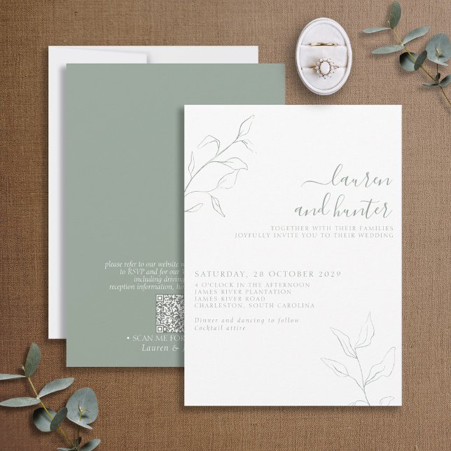 Invitación Boda botánico de escritura verde de código QR mode (Subido por el creador)