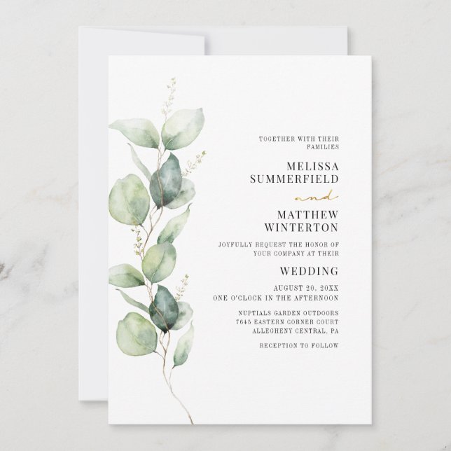 Invitación Boda Botánico de Eucalyptus Greenery (Anverso)