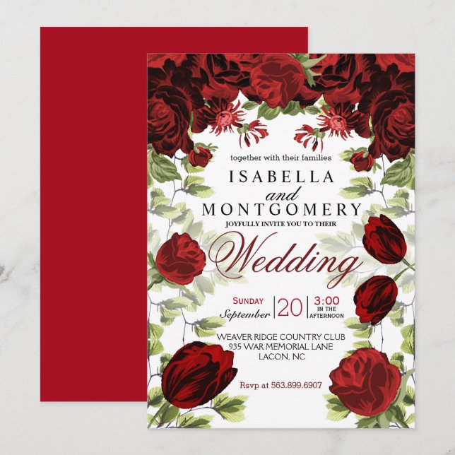 Invitación Boda Botánico de Flora Roja Oscura (Anverso / Reverso)