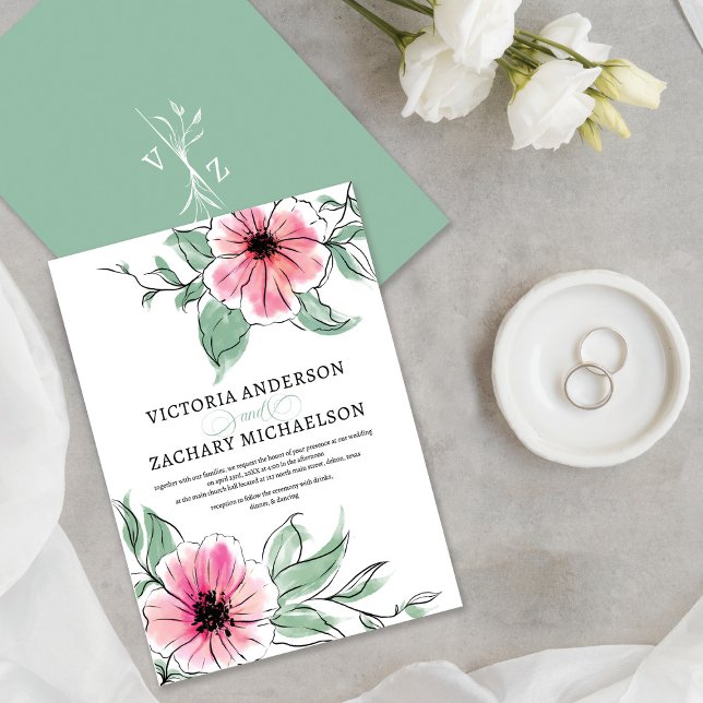 Invitación Boda Botánico de Floral Verde Rosa bonito (Subido por el creador)