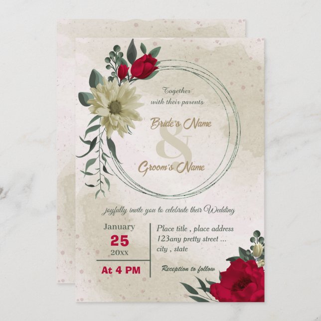 Invitación boda botánico de flores amarillas pálidas rojas (Anverso / Reverso)