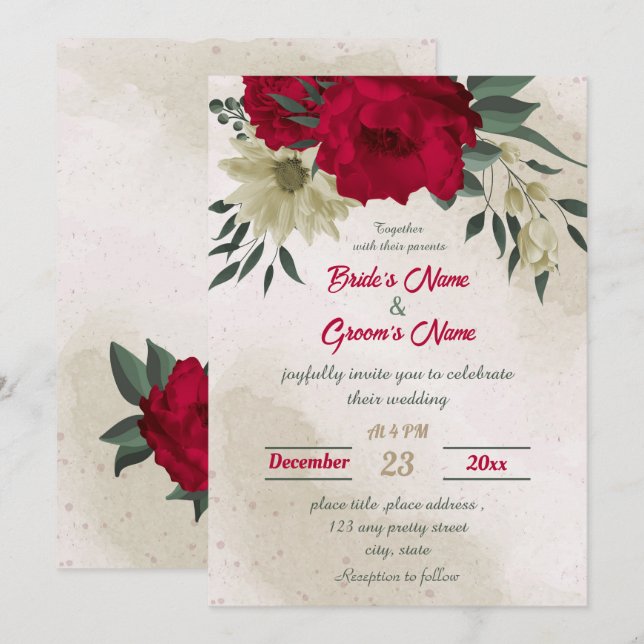 Invitación boda botánico de flores amarillas pálidas rojas (Anverso / Reverso)