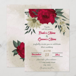 Invitación boda botánico de flores amarillas pálidas rojas